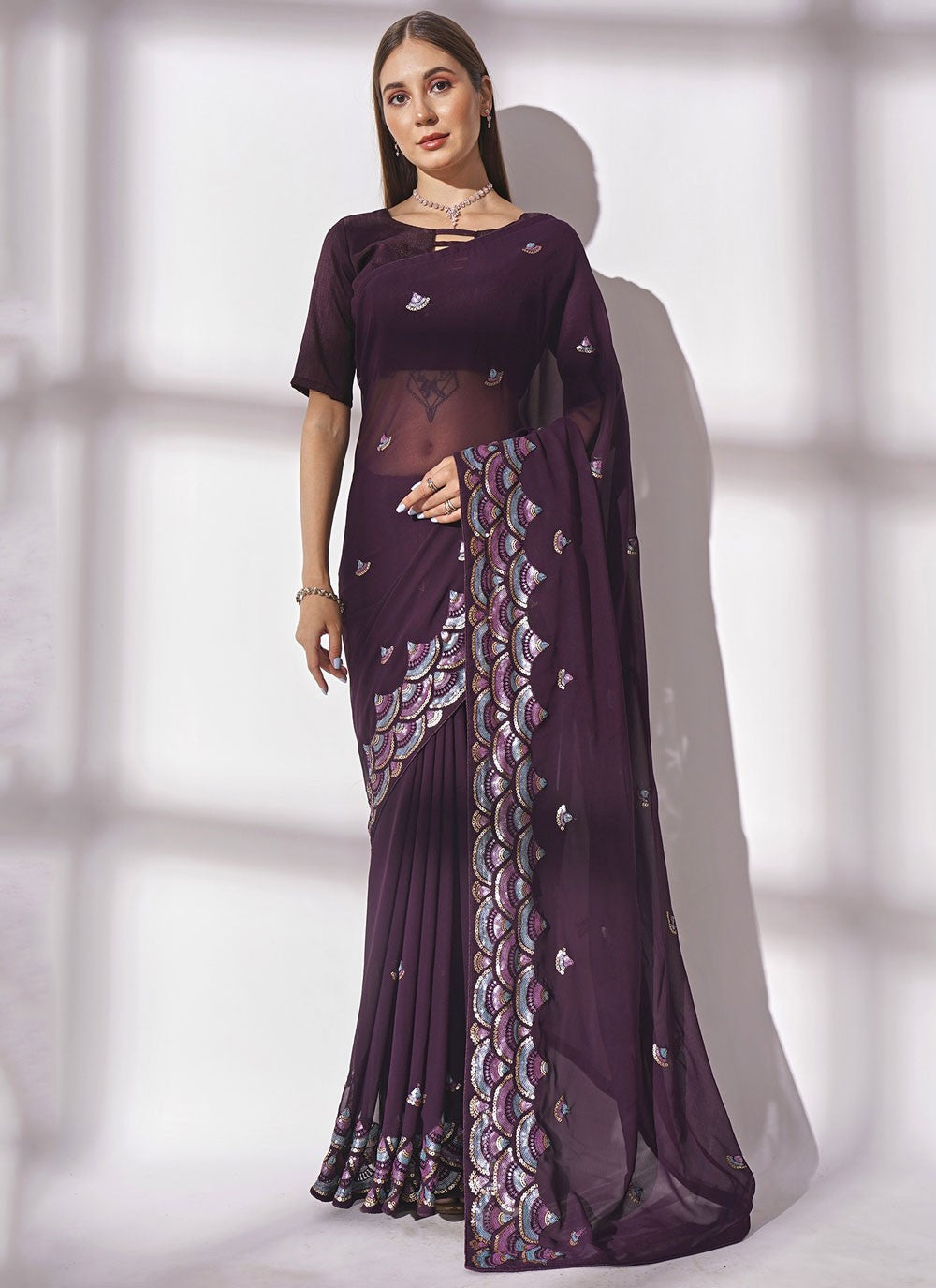 Classic Embroidered Georgette Purple Saree - S10850