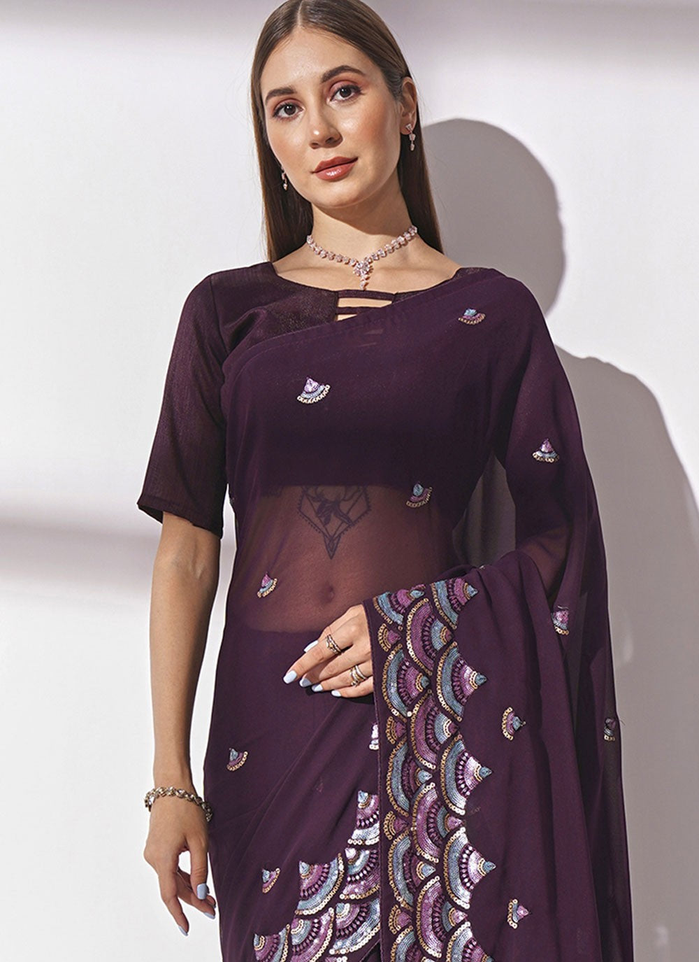 Classic Embroidered Georgette Purple Saree - S10850