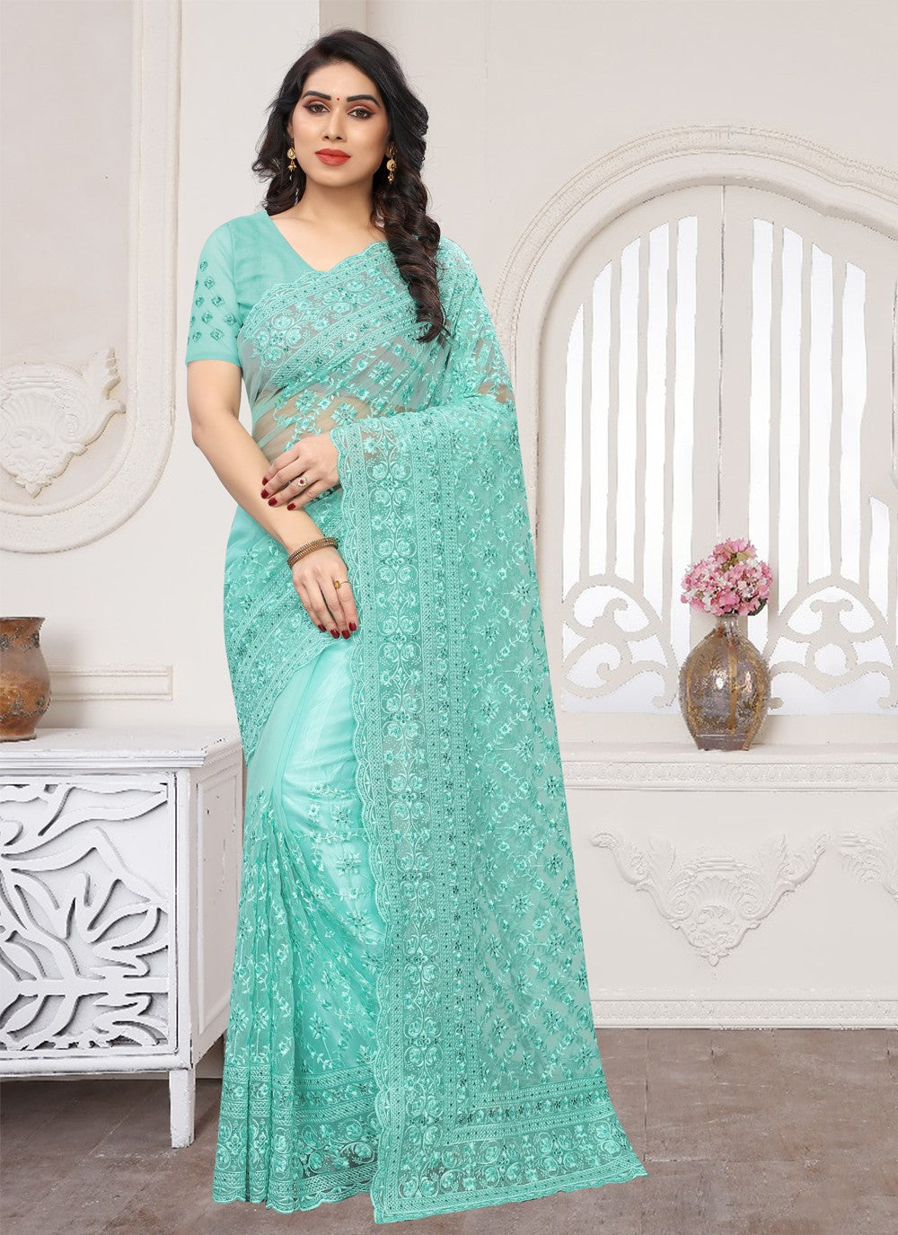 Designer Embroidered Net Saree - S0325