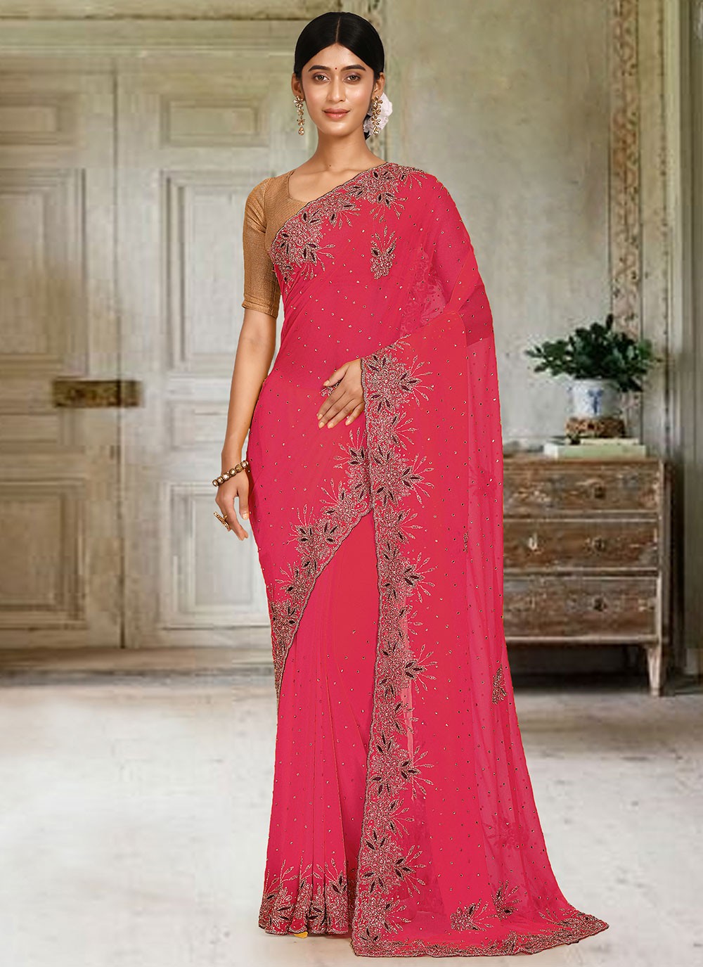 Classic Hand Embroidery Georgette Saree - S2130