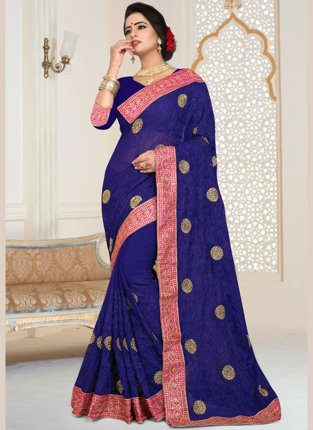 Classic Embroidered Faux Georgette Saree - S0014