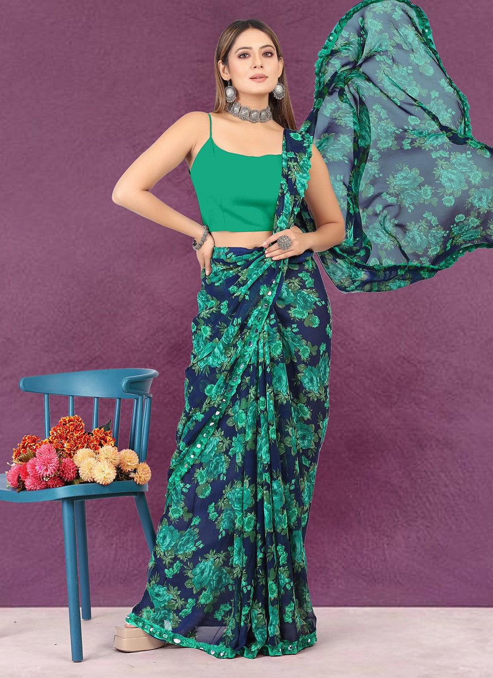 Trendy Printed Chiffon Saree - S3416