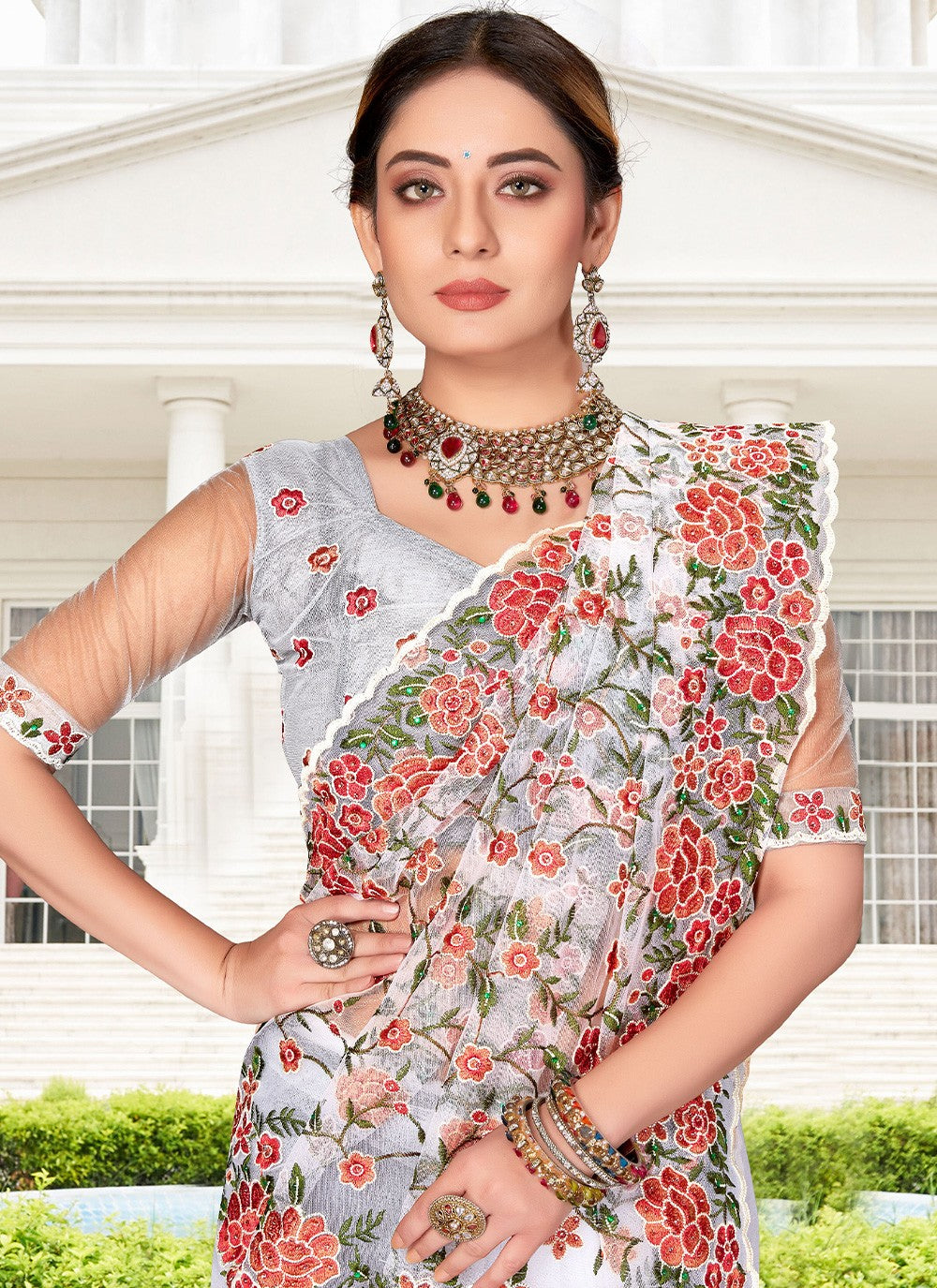 Contemporary Embroidered Net Saree - S2411