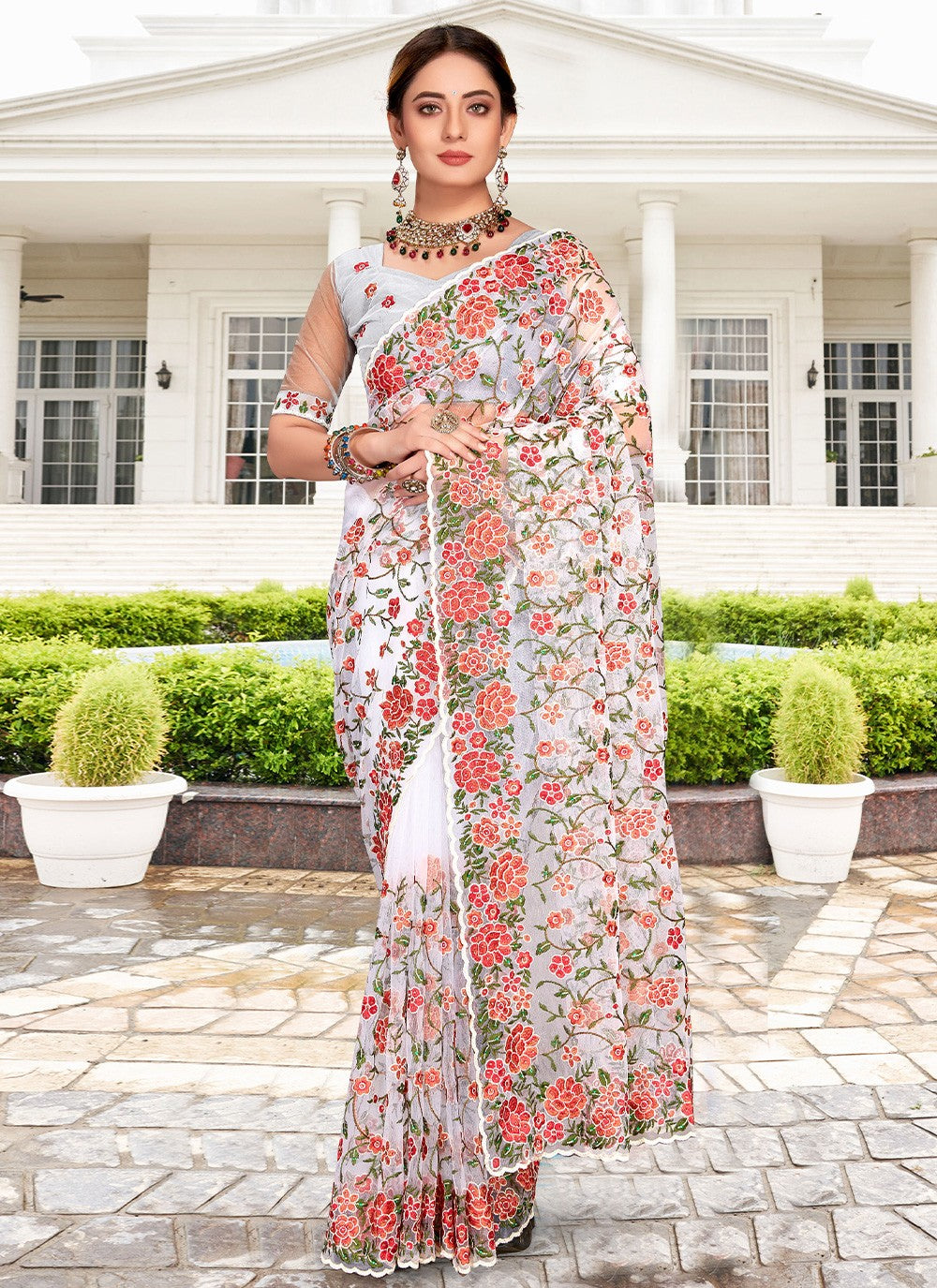 Contemporary Embroidered Net Saree - S2411