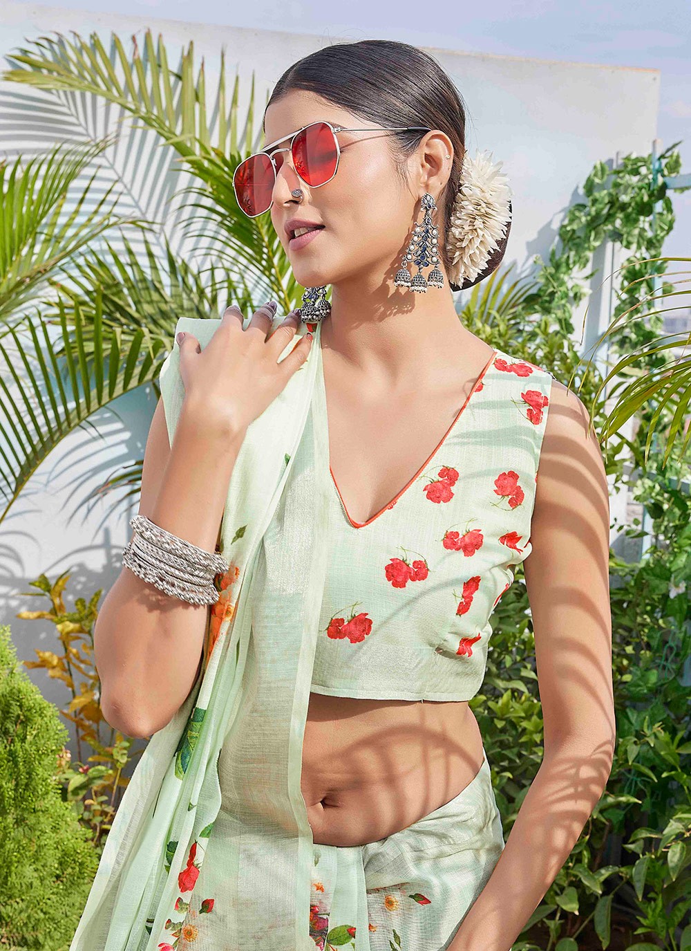 Contemporary Digital Print Linen Green Saree - S11017