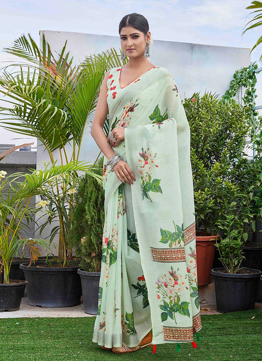 Contemporary Digital Print Linen Green Saree - S11017