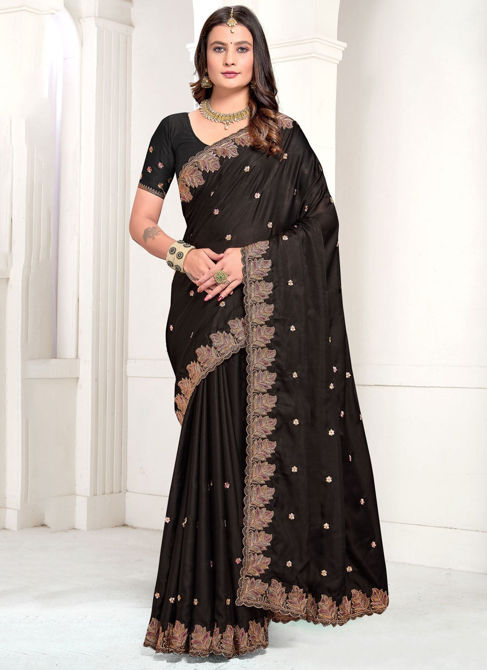 Classic Embroidered Satin Saree - S10549