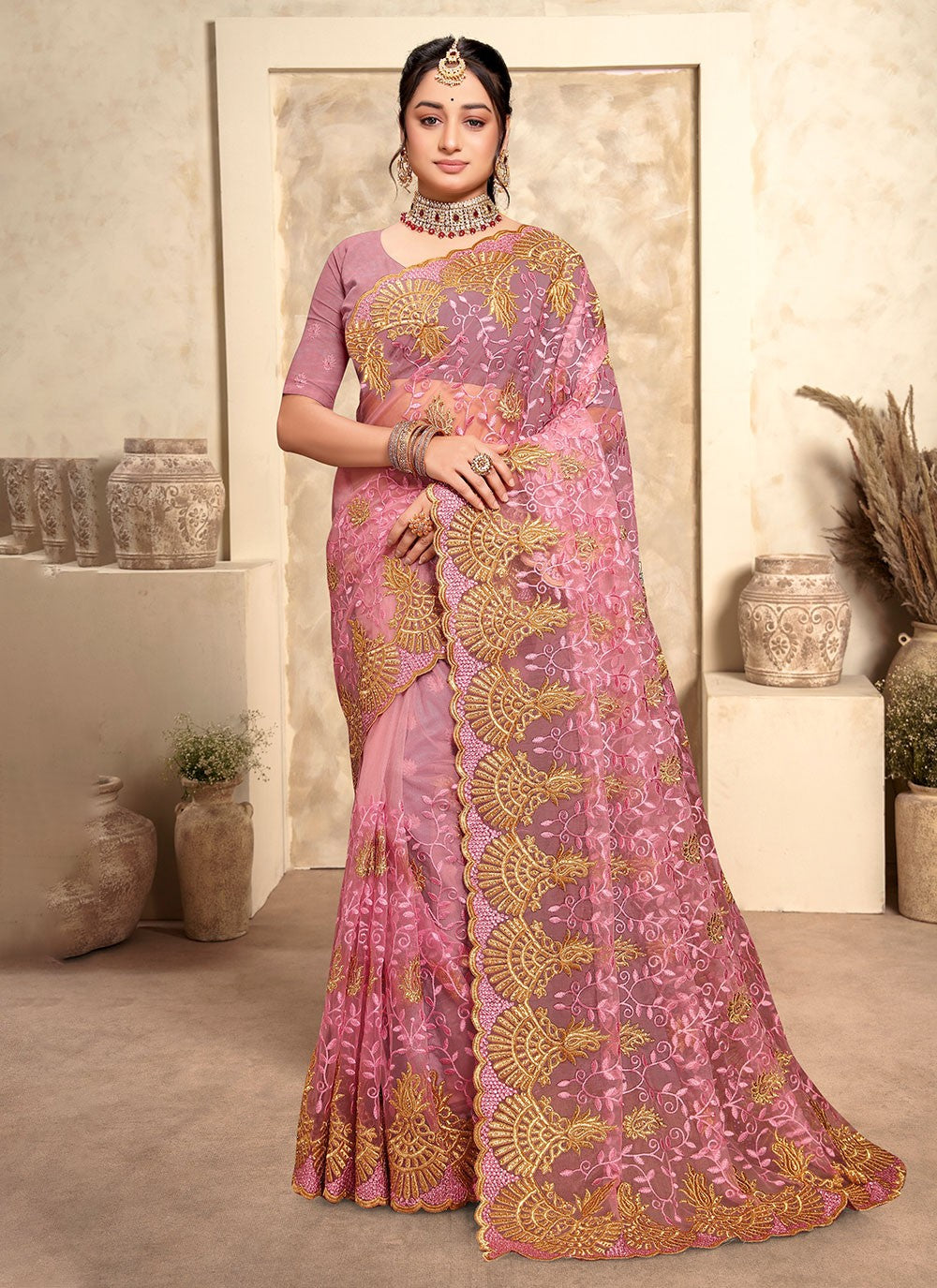 Trendy Embroidered Net Saree - S4963