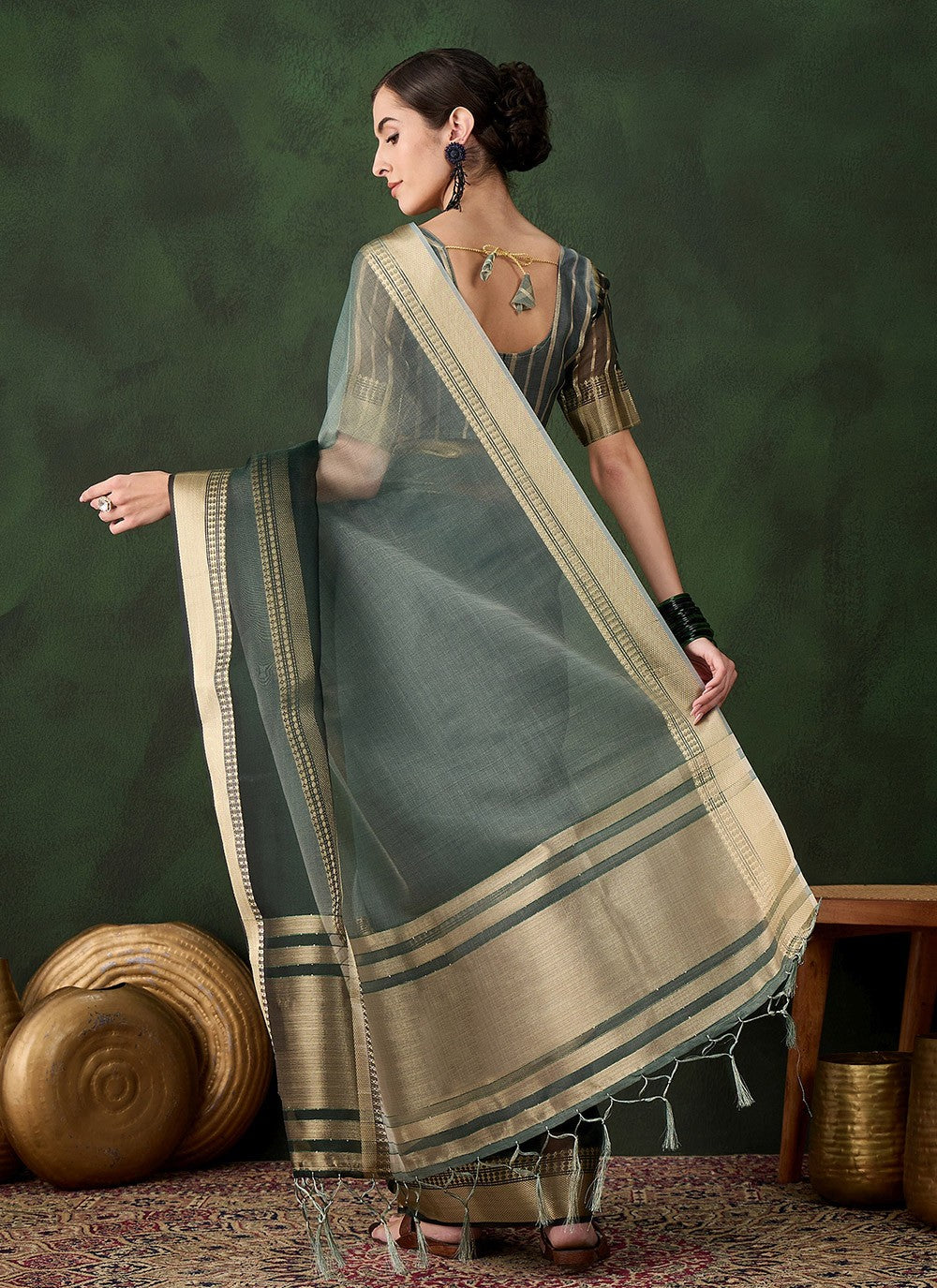 Classic Jacquard Work Khadi, Organza Wine Saree - S10824