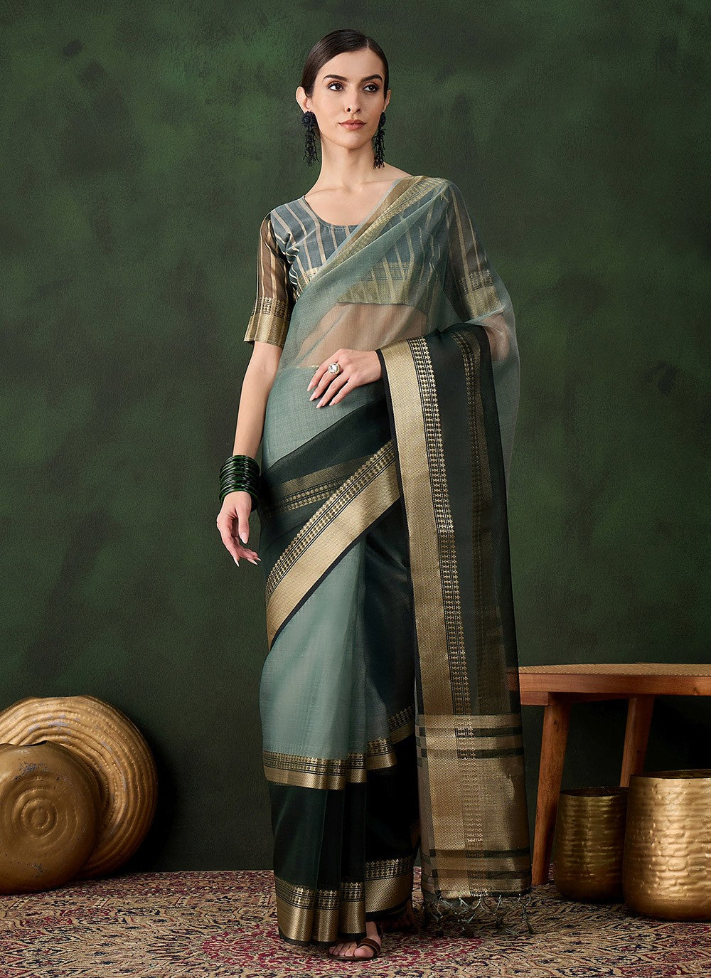 Classic Jacquard Work Khadi, Organza Wine Saree - S10824