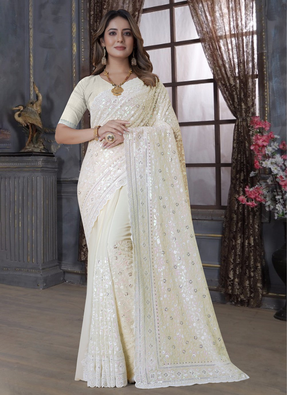 Trendy Embroidered Georgette Saree - S3586