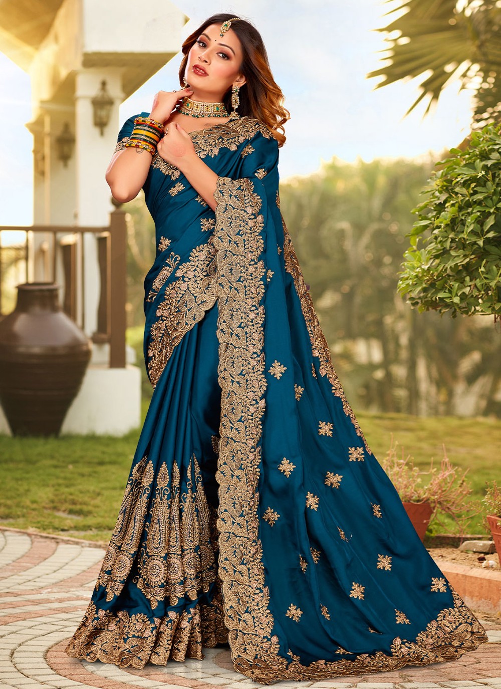 Designer Embroidered Satin Saree - S2934