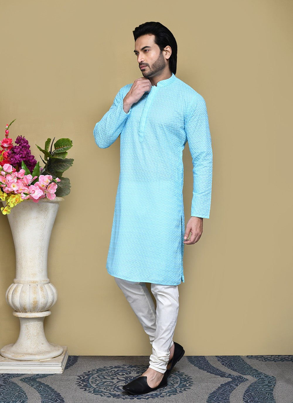 Buttons Cotton Aqua Blue Kurta Pyjama - M7803