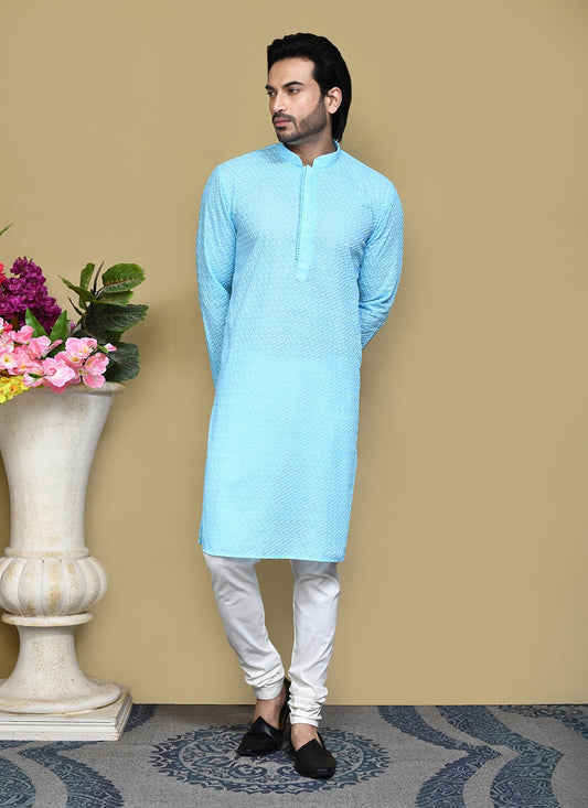 Buttons Cotton Aqua Blue Kurta Pyjama - M7803