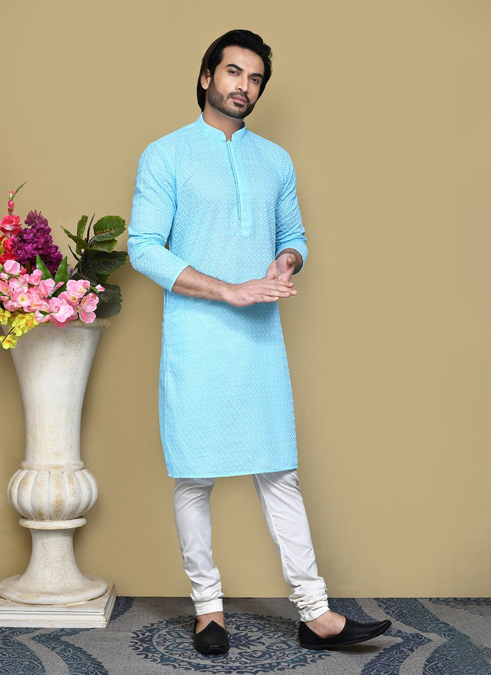 Buttons Cotton Aqua Blue Kurta Pyjama - M7803