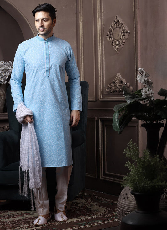 Printed Cotton Aqua Blue Kurta Pyjama - M3653