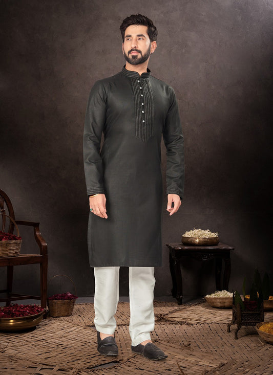 Fancy Work Cotton Black Kurta Pyjama - M7216