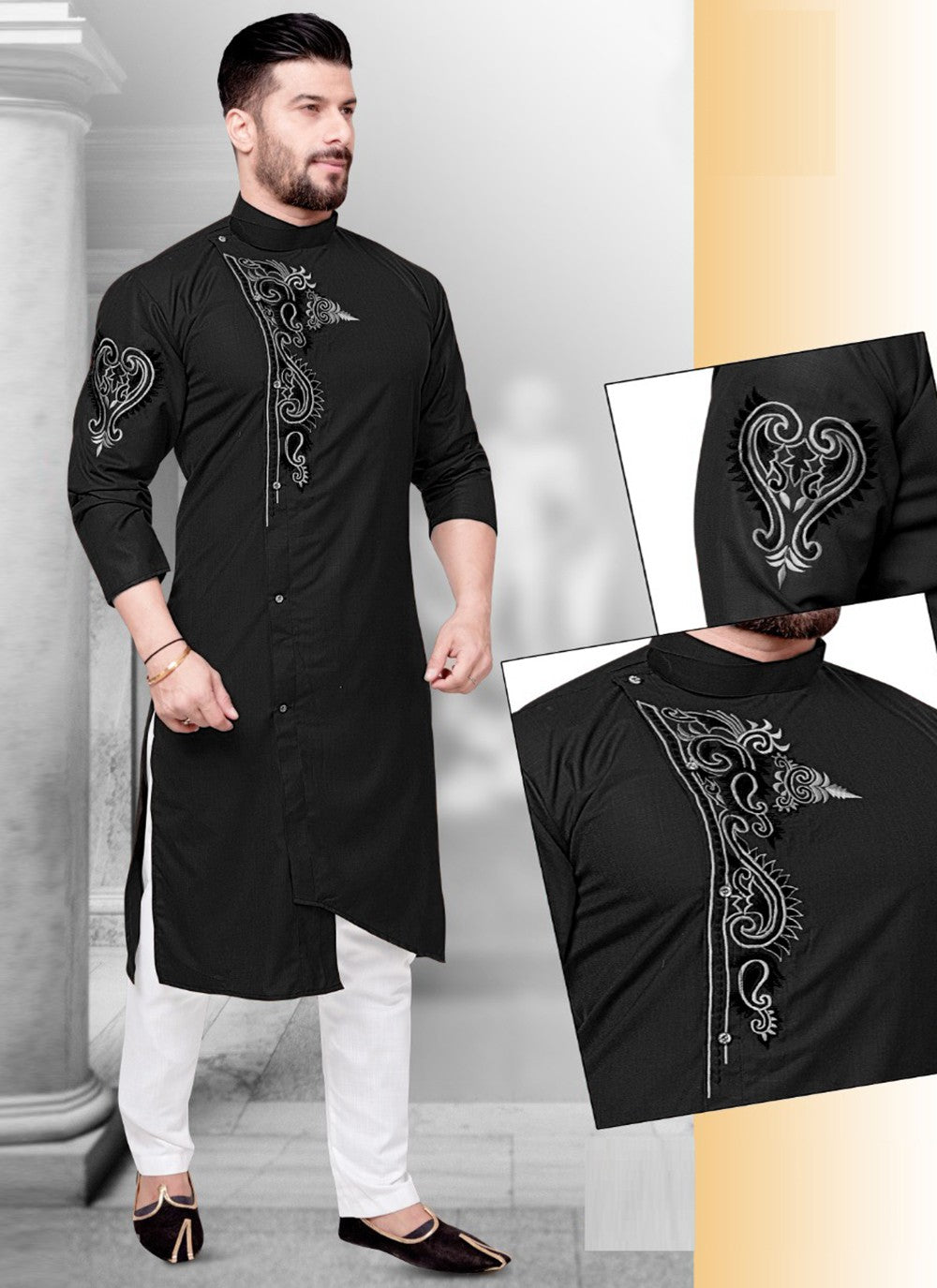 Resham Cotton Black Kurta Pyjama - M2210