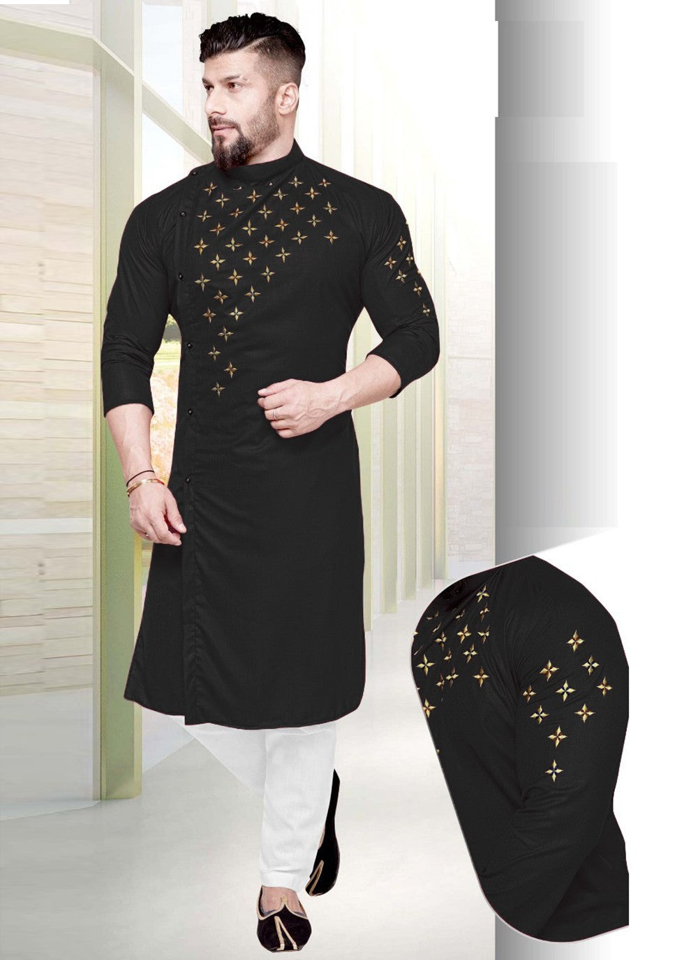 Resham Cotton Black Kurta Pyjama - M2212