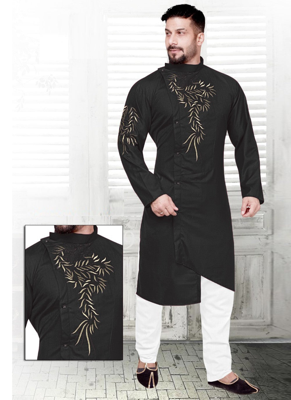 Resham Cotton Black Kurta Pyjama - M2214