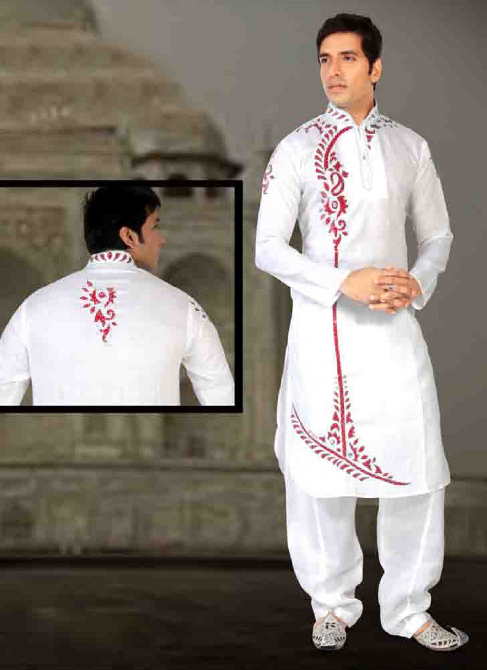 Stones Cotton White Kurta Pyjama - M1591