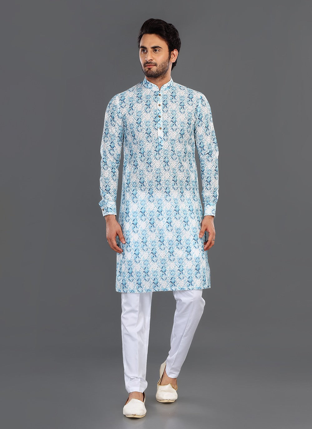 Printed Cotton Blue, Off White Kurta Pyjama - M8081