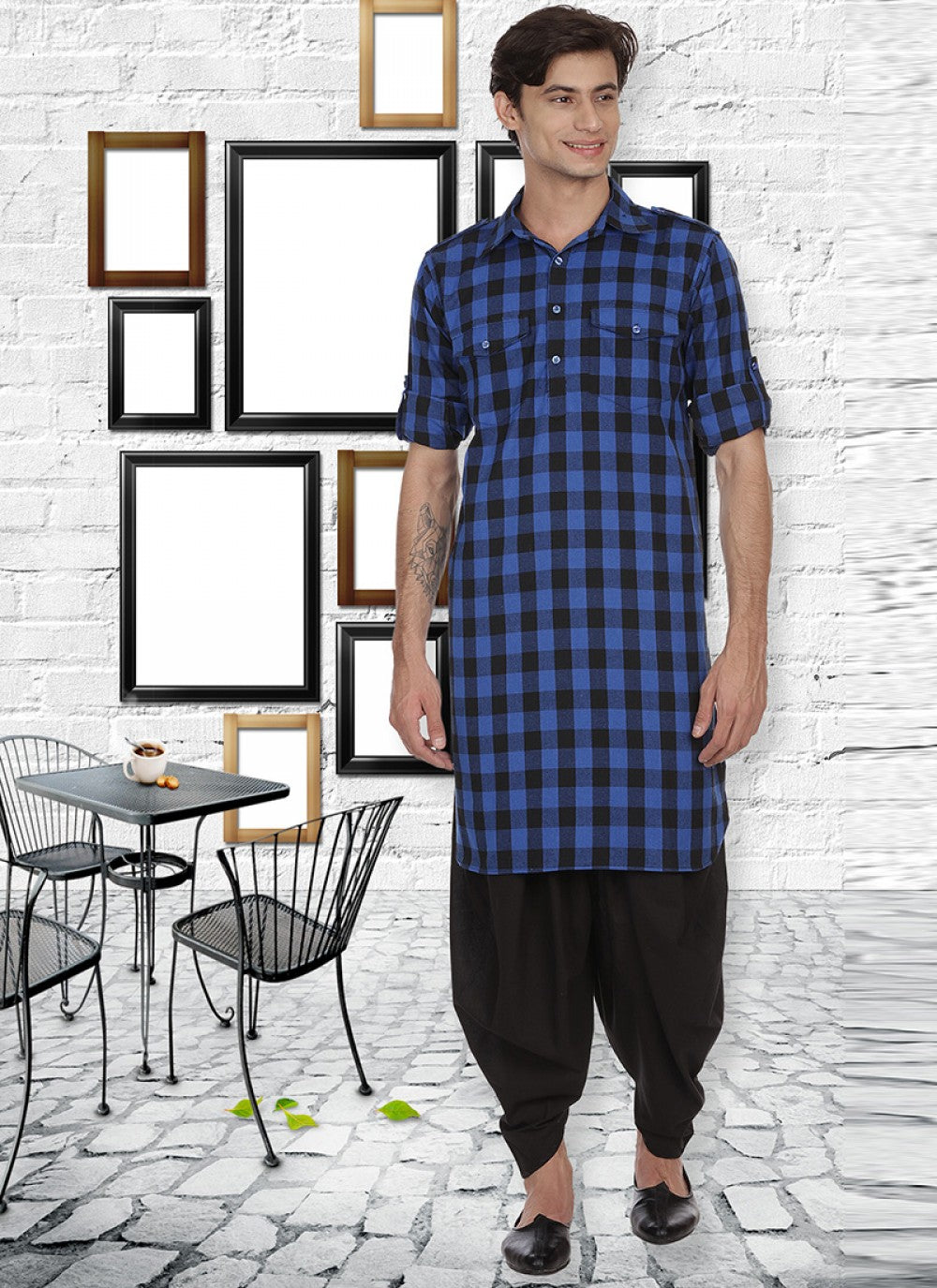 Patch Cotton Blue Kurta Pyjama - M1113