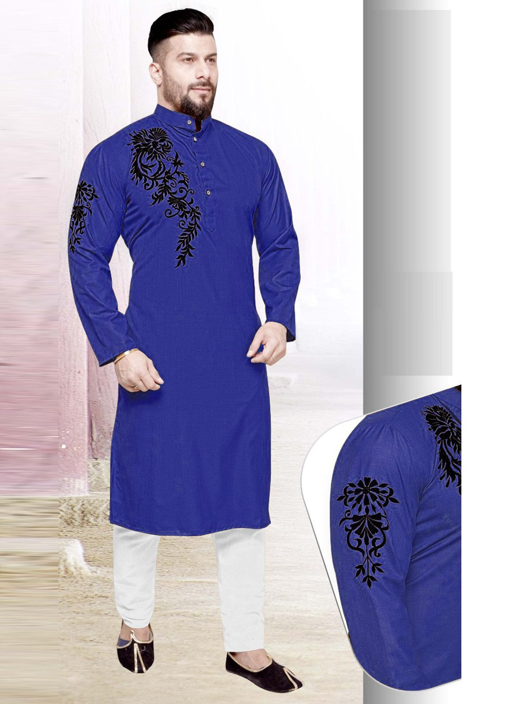 Resham Cotton Blue Kurta Pyjama - M2219