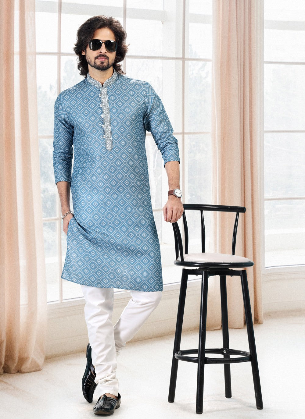 Fancy Work Cotton Blue Kurta Pyjama - M5122