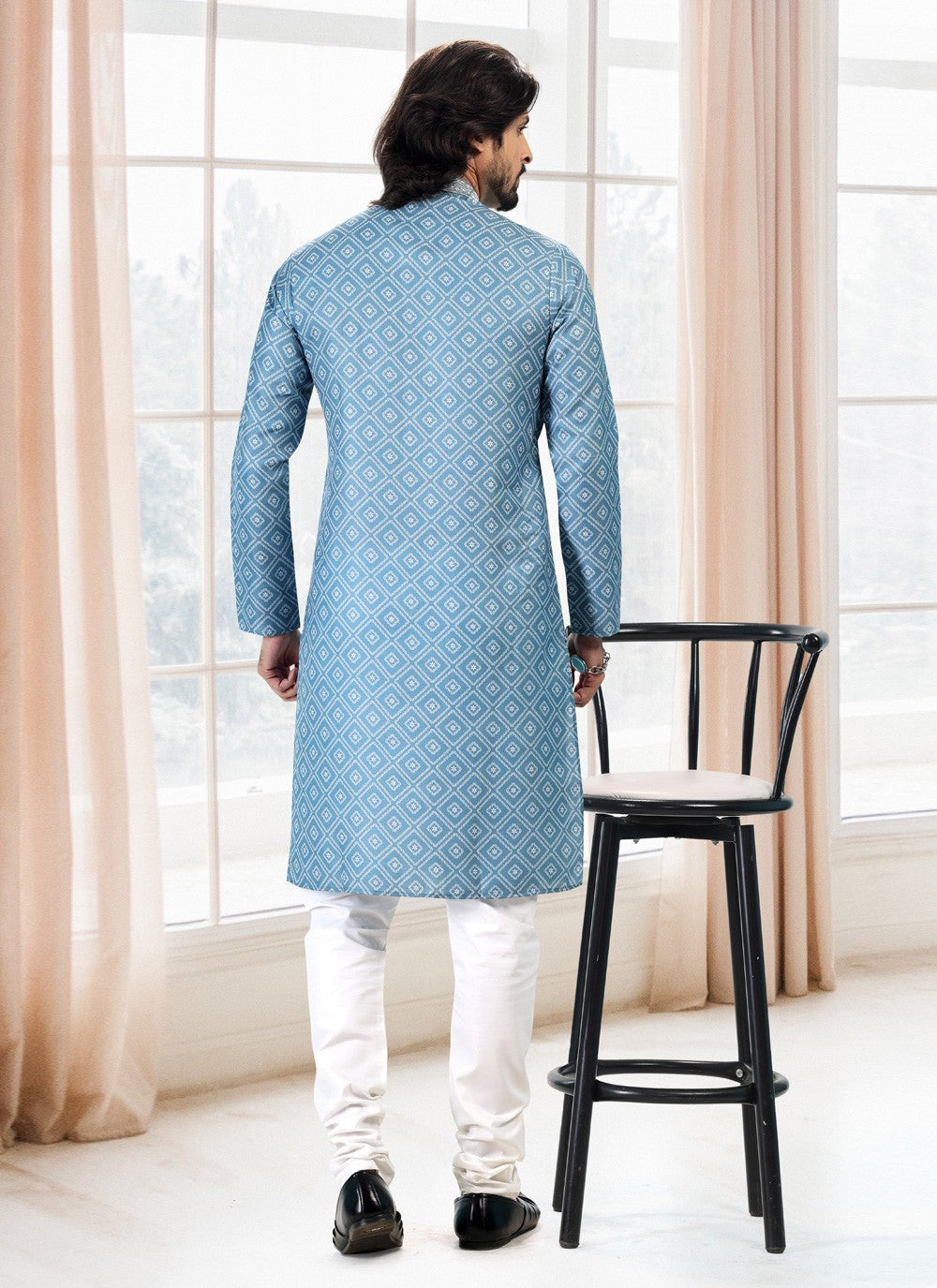 Fancy Work Cotton Blue Kurta Pyjama - M5122