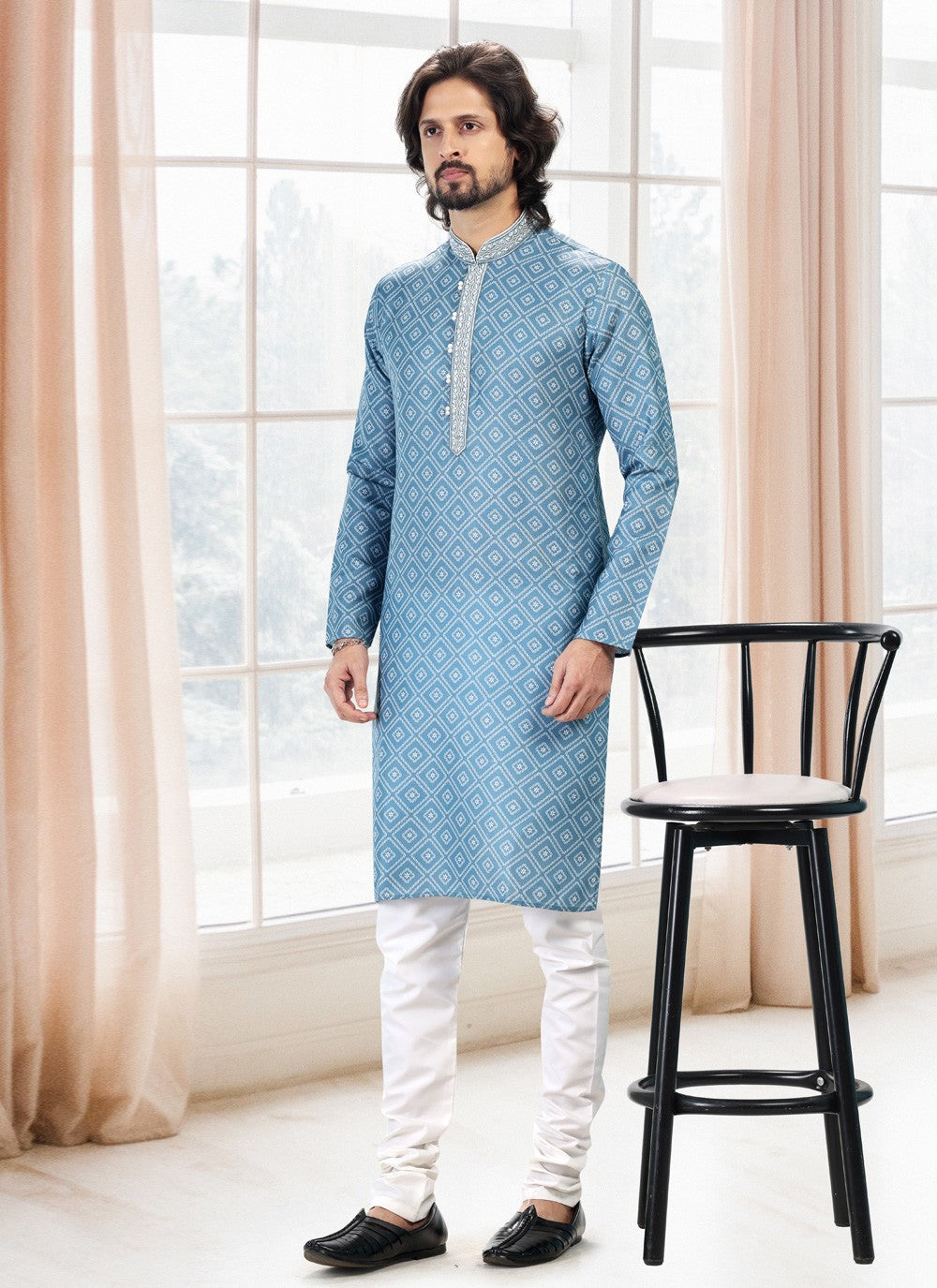 Fancy Work Cotton Blue Kurta Pyjama - M5122