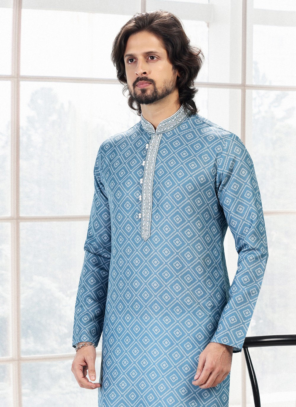 Fancy Work Cotton Blue Kurta Pyjama - M5122