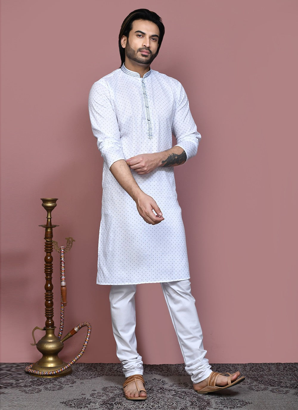 Printed Cotton Blue Kurta Pyjama - M7920