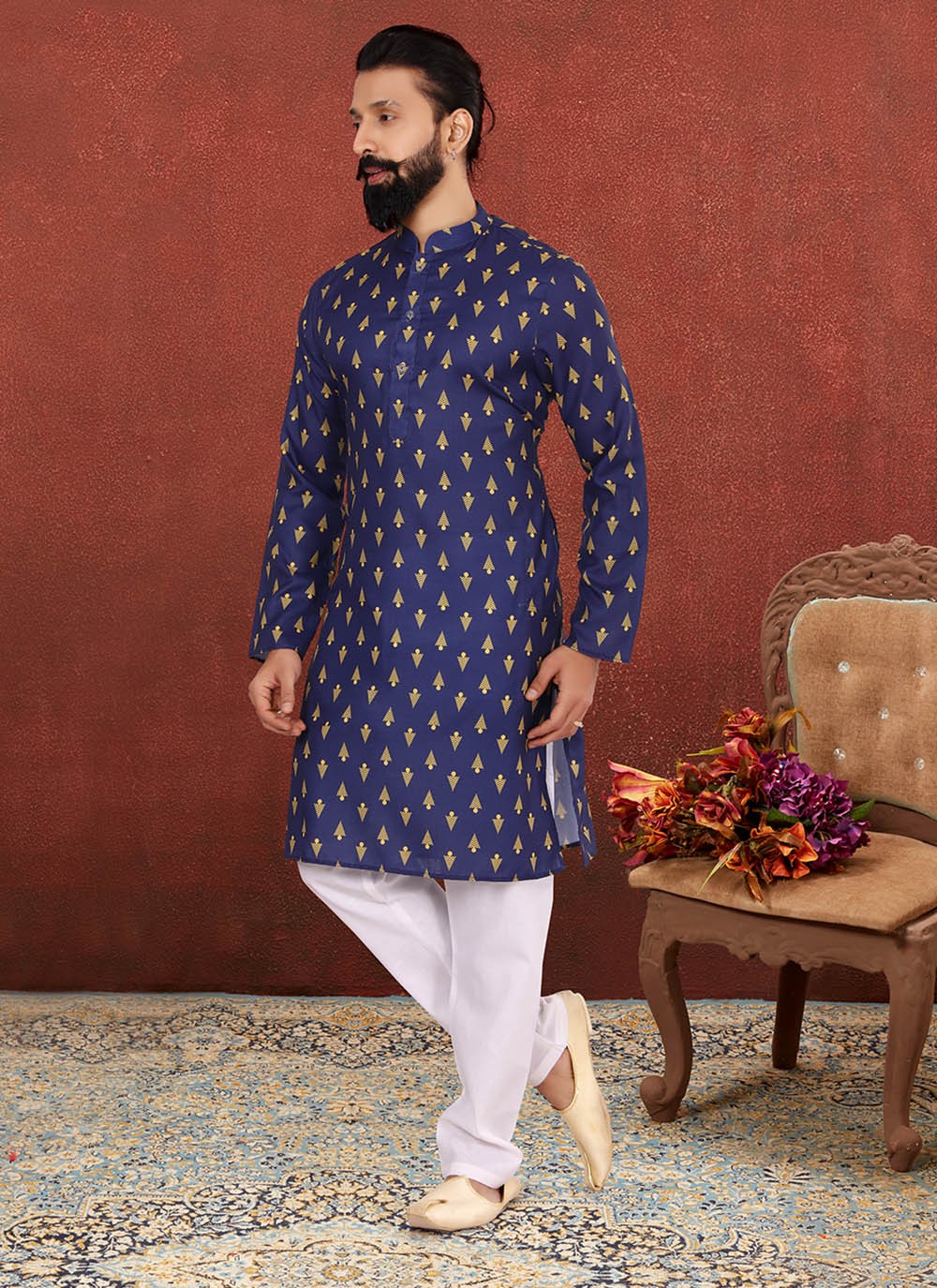 Printed Cotton Blue Kurta Pyjama - M2595