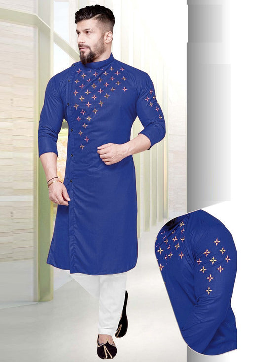 Resham Cotton Blue Kurta Pyjama - M2220