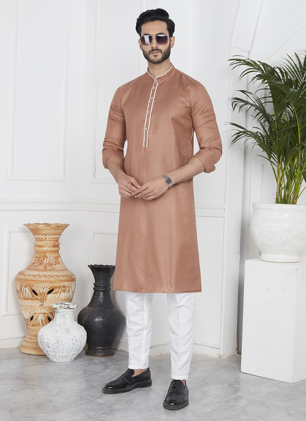 Fancy Work Cotton , Linen Brown Kurta Pyjama - M7102