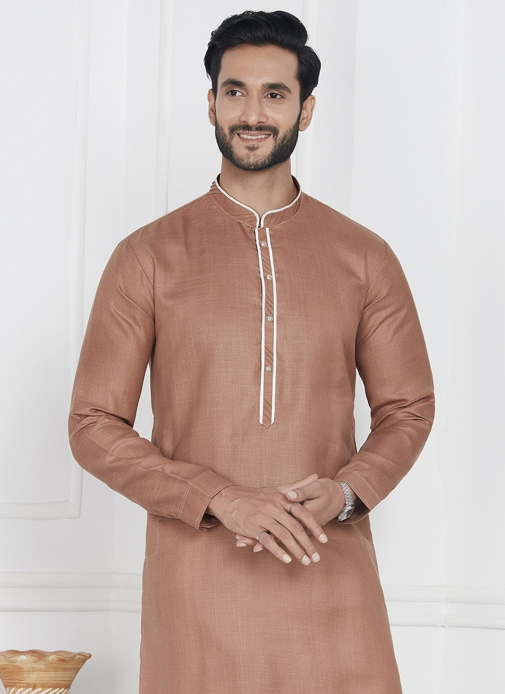 Fancy Work Cotton , Linen Brown Kurta Pyjama - M7102