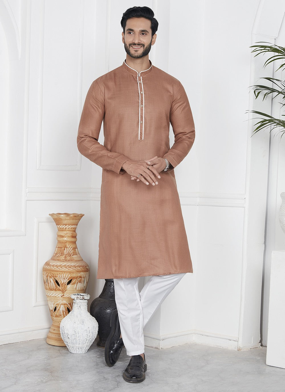 Fancy Work Cotton , Linen Brown Kurta Pyjama - M7102