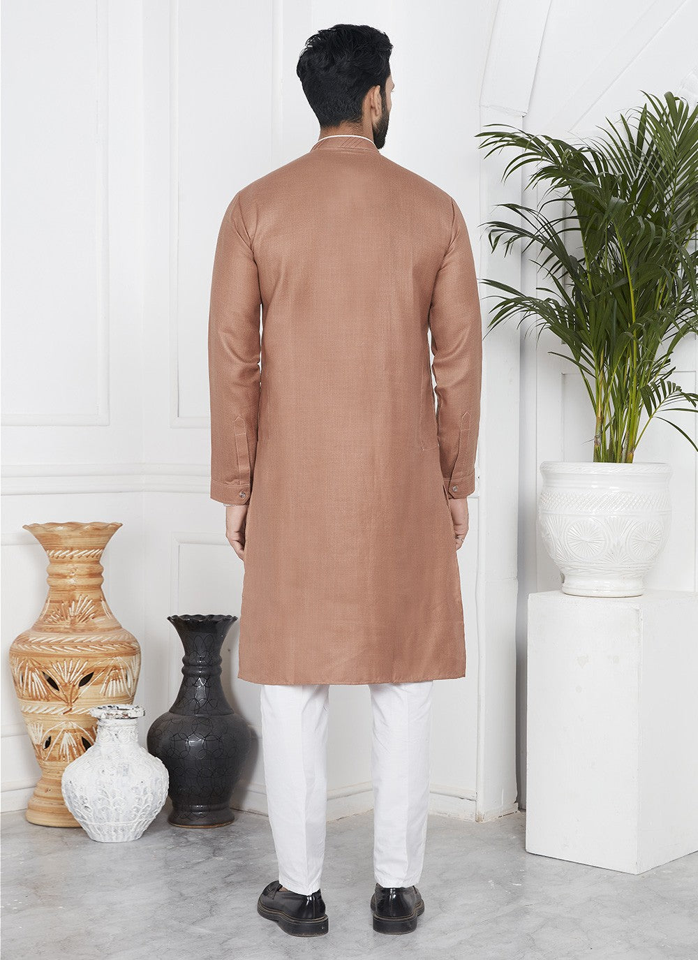 Fancy Work Cotton , Linen Brown Kurta Pyjama - M7102