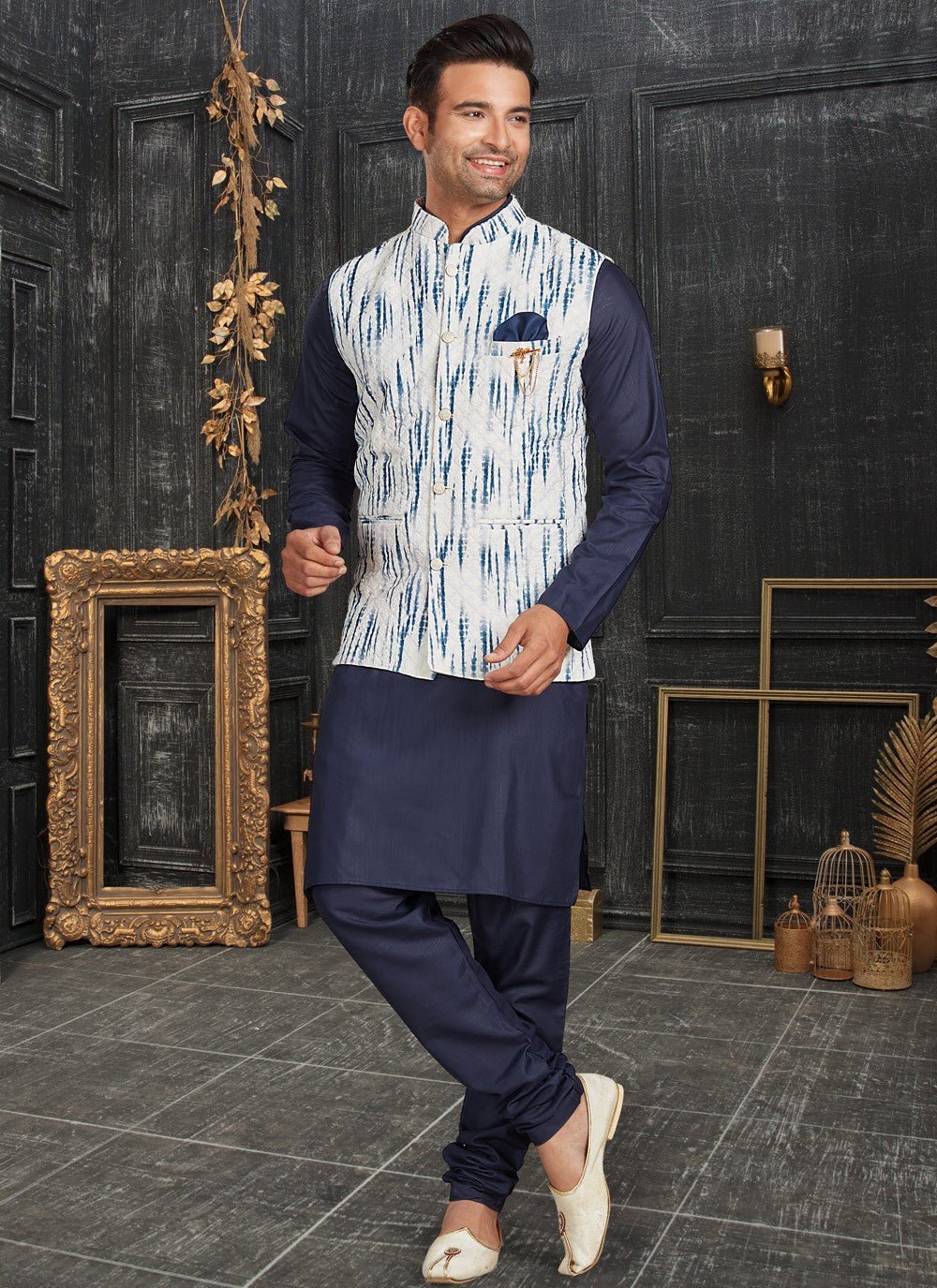 Chicken Cotton Blue, Off White Kurta Payjama With Jacket - M4624