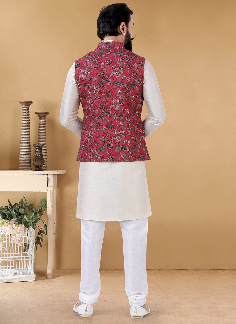 Printed Cotton Cream, Maroon Kurta Payjama With Jacket - M3139