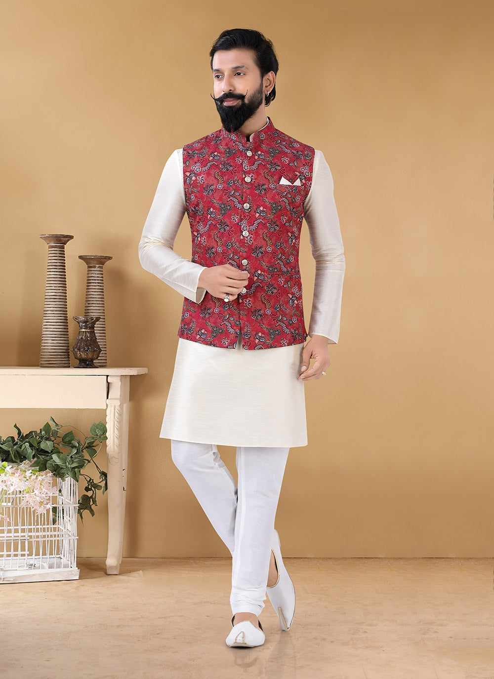 Printed Cotton Cream, Maroon Kurta Payjama With Jacket - M3139