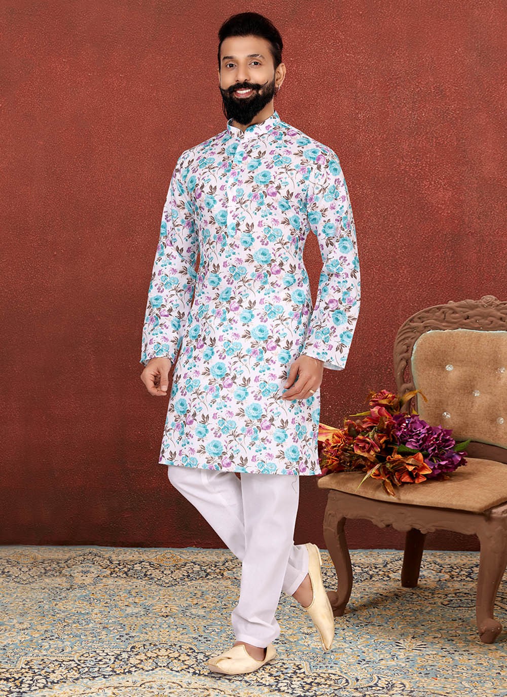 Digital Print Cotton Cream Kurta Pyjama - M2589