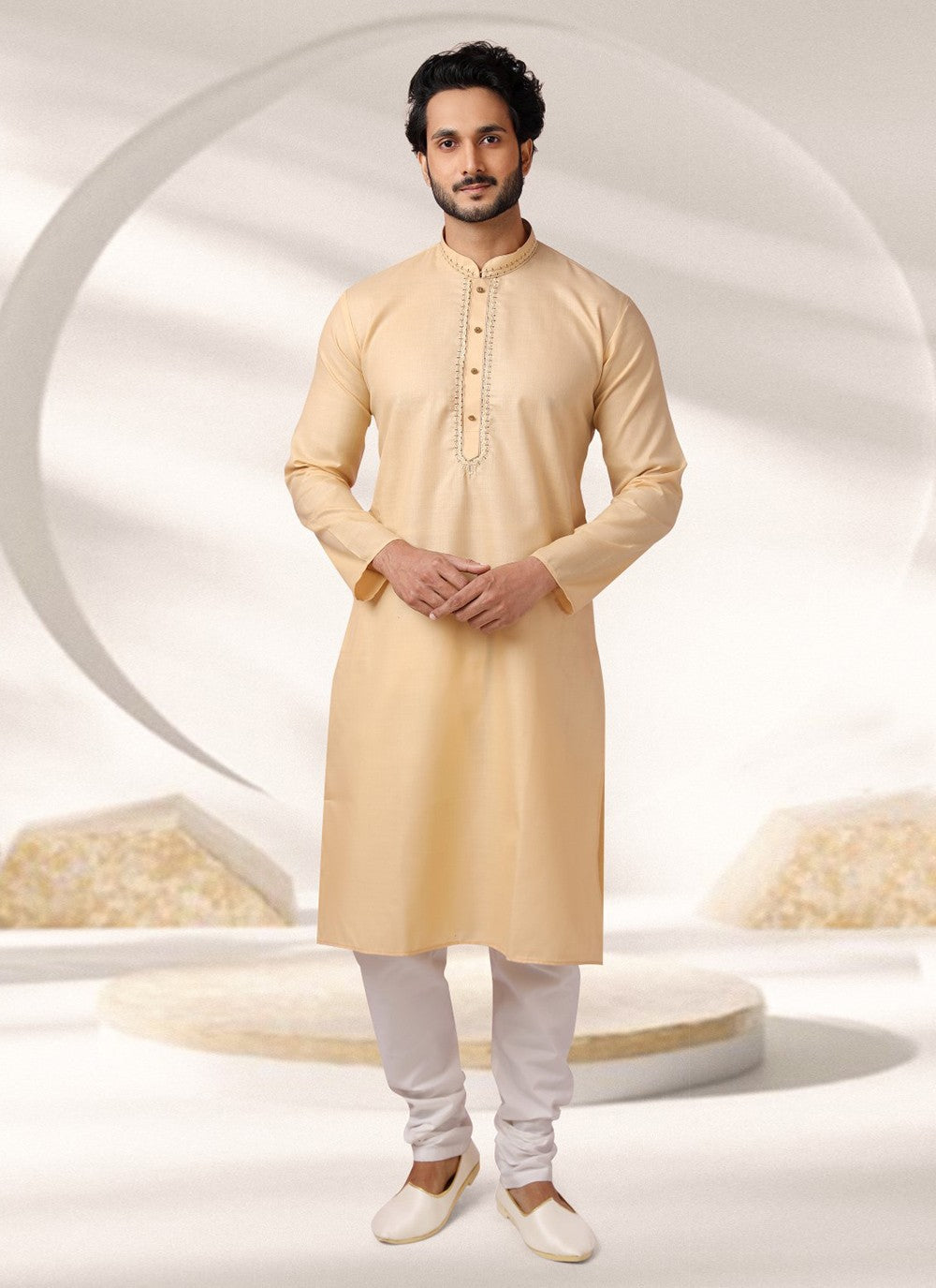 Embroidered Cotton , Rayon Cream Kurta Pyjama - M7002