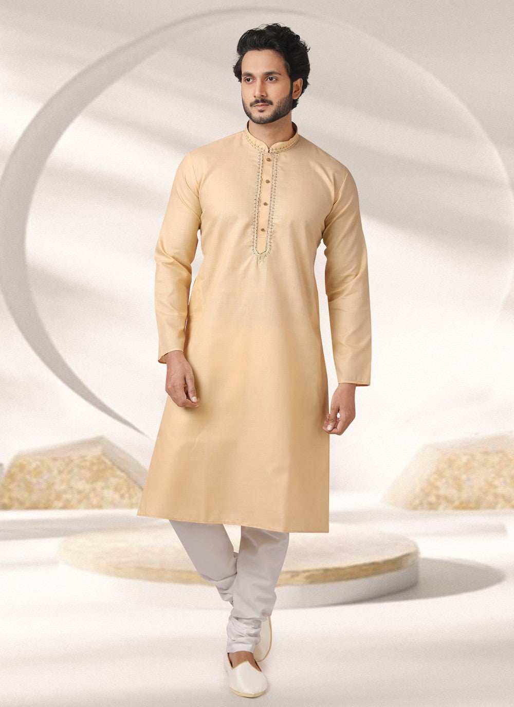 Embroidered Cotton , Rayon Cream Kurta Pyjama - M7002