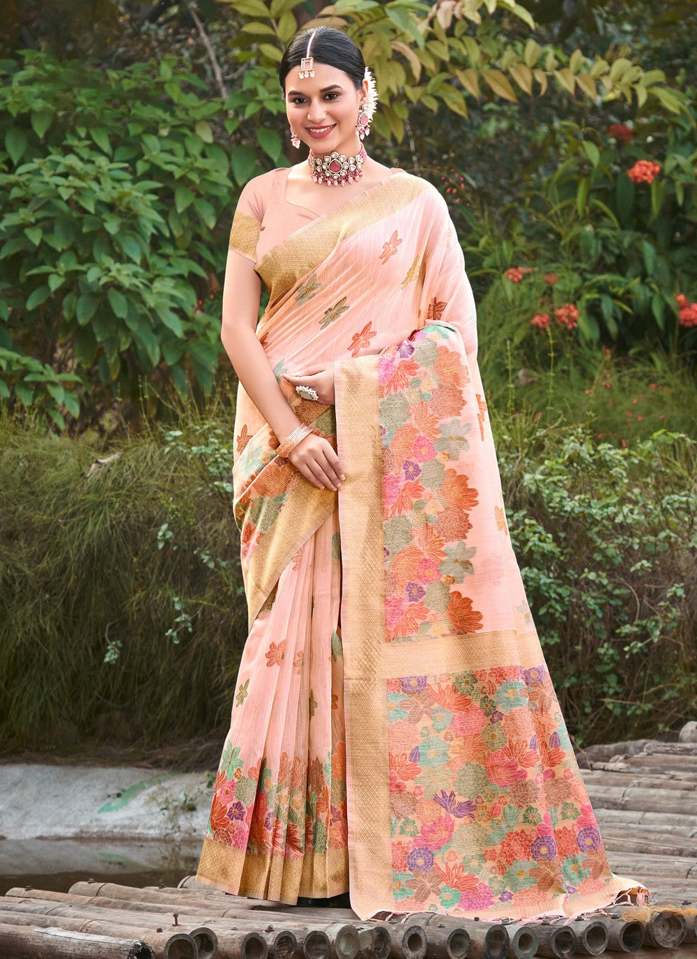 Traditional Floral Printed Cotton Saree - S5124