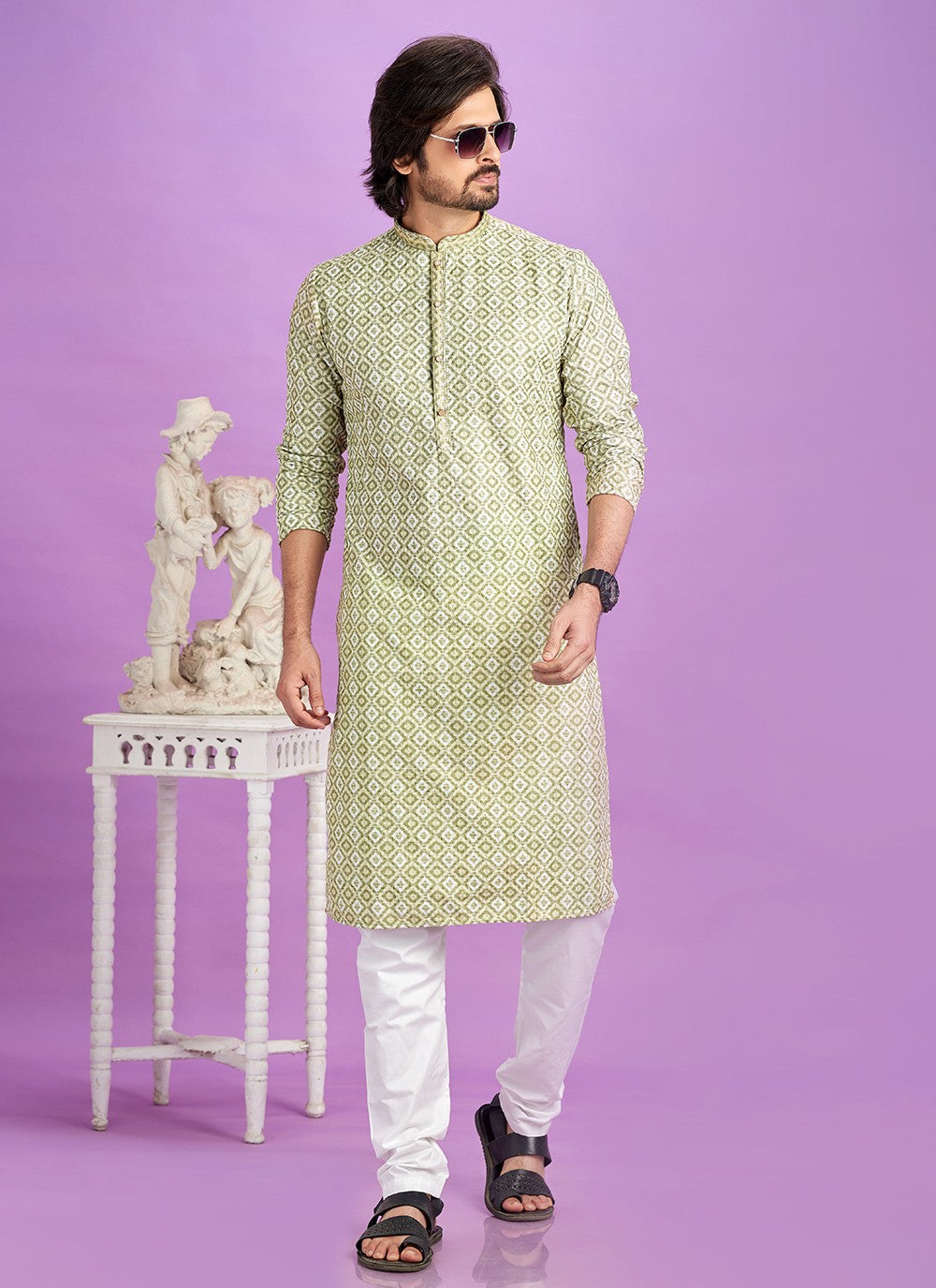 Digital Print Cotton Green Kurta Pyjama - M6953