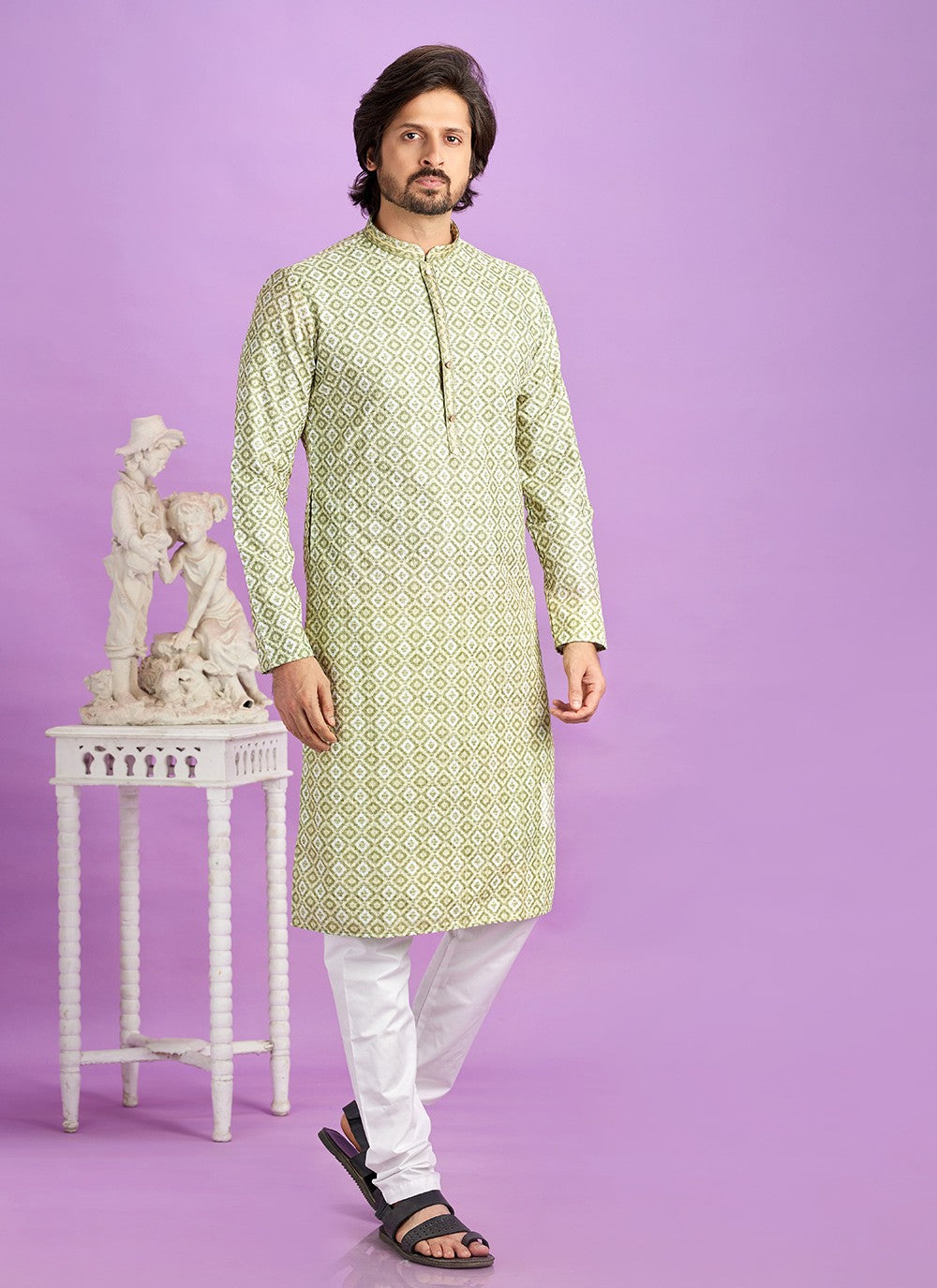 Digital Print Cotton Green Kurta Pyjama - M6953