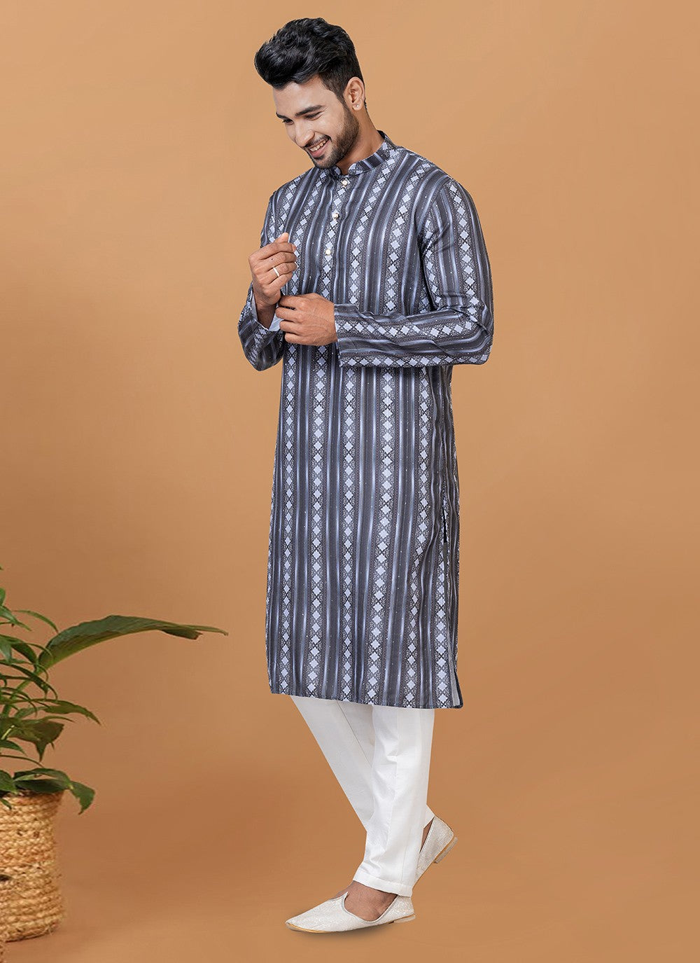 Digital Print Cotton Grey Kurta Pyjama - M5927