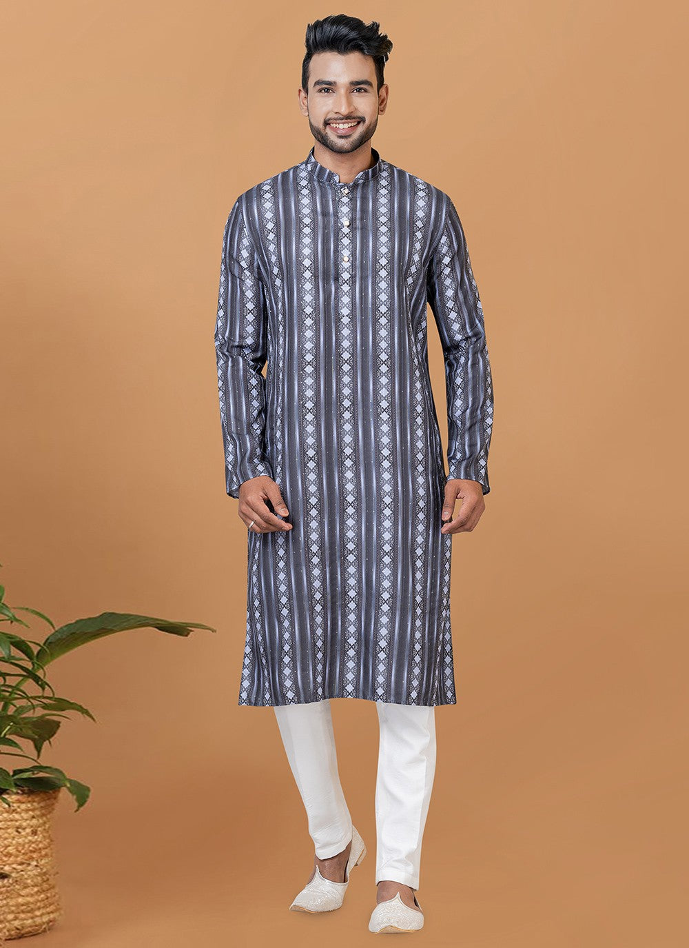 Digital Print Cotton Grey Kurta Pyjama - M5927